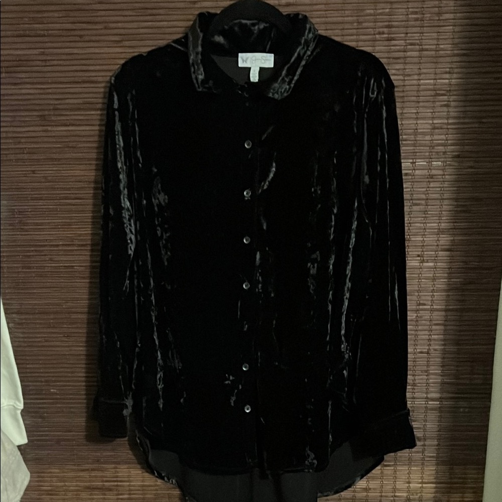 NWT  Jessica Simpson Black Velvet Button-Up Shirt